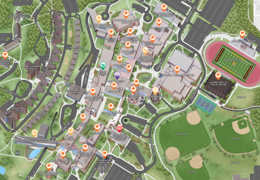 A 3D map of the University of Minnesota Duluth campus with tour stop markers scattered across the campus.