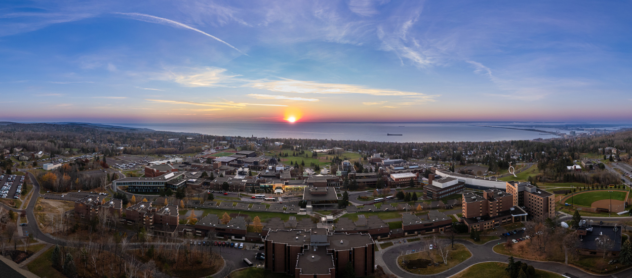 Aerial view of UMD campus and Lake Superior